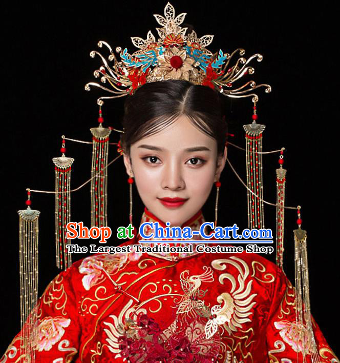 Top Chinese Traditional Bride Red Beads Tassel Phoenix Coronet Handmade Hairpins Wedding Hair Accessories Complete Set