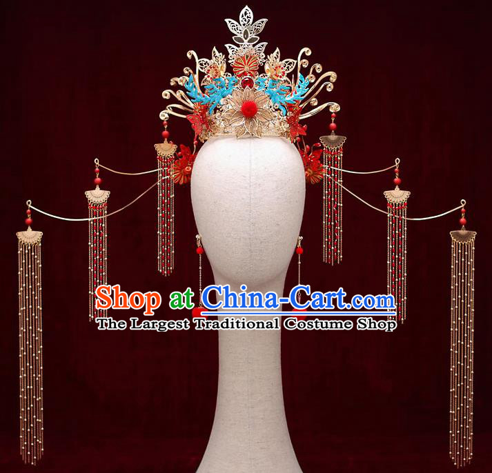 Top Chinese Traditional Bride Red Beads Tassel Phoenix Coronet Handmade Hairpins Wedding Hair Accessories Complete Set