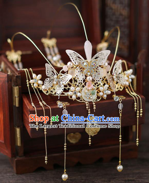 Top Chinese Traditional Bride Butterfly Tassel Hair Crown Handmade Hairpins Wedding Hair Accessories Complete Set