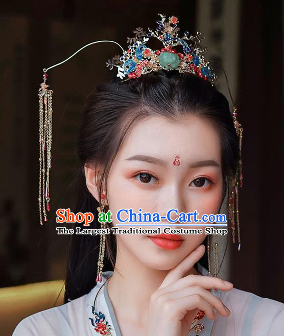 Top Chinese Traditional Bride Jade Lotus Tassel Phoenix Coronet Handmade Wedding Tassel Hairpins Hair Accessories Complete Set