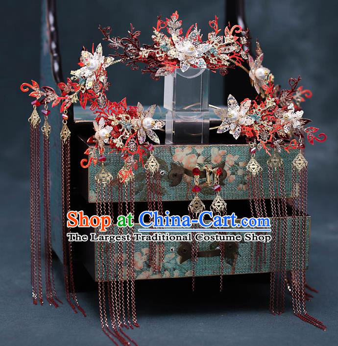 Top Chinese Traditional Bride Red Tassel Flowers Phoenix Coronet Handmade Wedding Tassel Hairpins Hair Accessories Complete Set