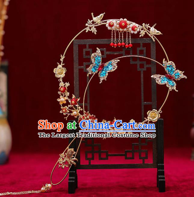 Chinese Traditional Wedding Prop Blue Crystal Butterfly Round Fan Ancient Bride Palace Fans for Women