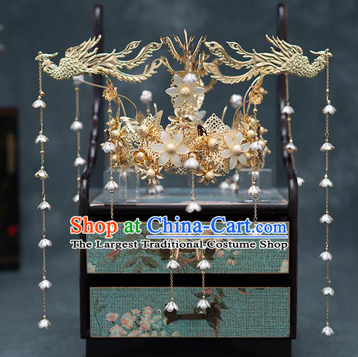 Top Chinese Traditional Bride Luxury Phoenix Tassel Hair Crown Handmade Hairpins Wedding Hair Accessories Complete Set