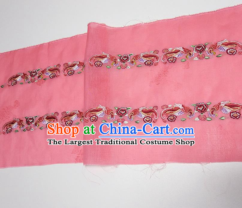 Asian Chinese Traditional Embroidered Phoenix Peony Pattern Design Peach Pink Silk Fabric China Hanfu Silk Material