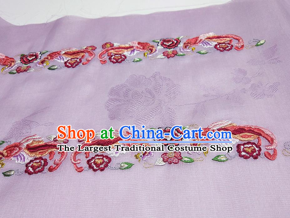 Asian Chinese Traditional Embroidered Phoenix Peony Pattern Design Lilac Silk Fabric China Hanfu Silk Material