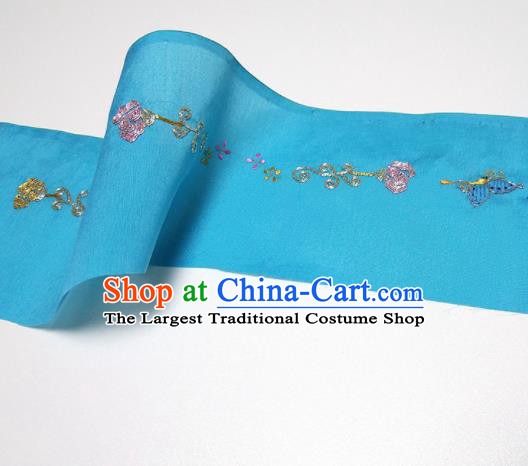 Asian Chinese Traditional Embroidered Butterfly Pattern Design Blue Silk Fabric China Hanfu Silk Material