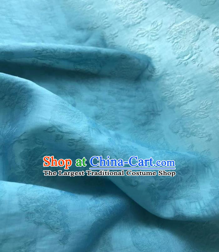 Asian Chinese Traditional Jacquard Peony Pattern Design Blue Silk Fabric China Qipao Material