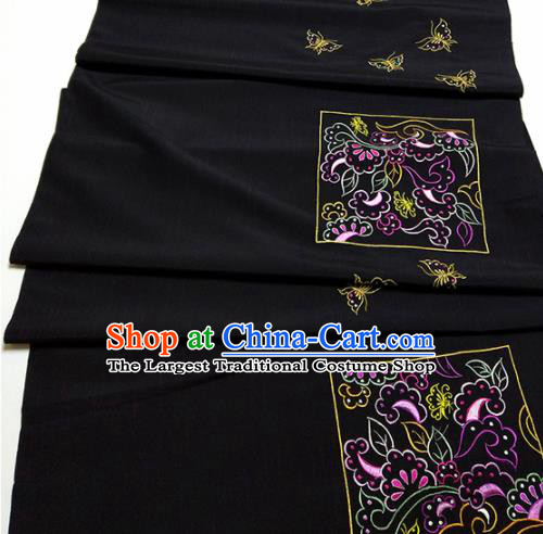 Asian Chinese Traditional Embroidered Butterfly Pattern Design Black Silk Fabric China Hanfu Silk Material