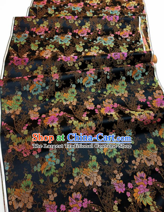 Asian Chinese Traditional Flowers Pattern Design Black Brocade Silk Fabric China Hanfu Satin Material