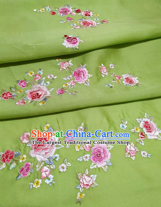 Chinese Traditional Embroidered Roses Pattern Design Green Silk Fabric Asian China Hanfu Silk Material