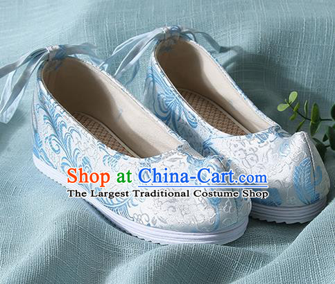 Chinese Handmade Blue Brocade Bow Shoes Traditional Ming Dynasty Hanfu Shoes Princess Shoes for Women