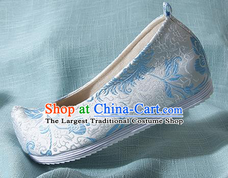 Chinese Handmade Blue Brocade Bow Shoes Traditional Ming Dynasty Hanfu Shoes Princess Shoes for Women