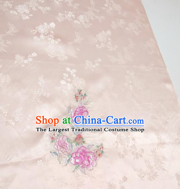 Chinese Traditional Embroidered Peony Pattern Design Light Pink Silk Fabric Asian Brocade China Hanfu Satin Material
