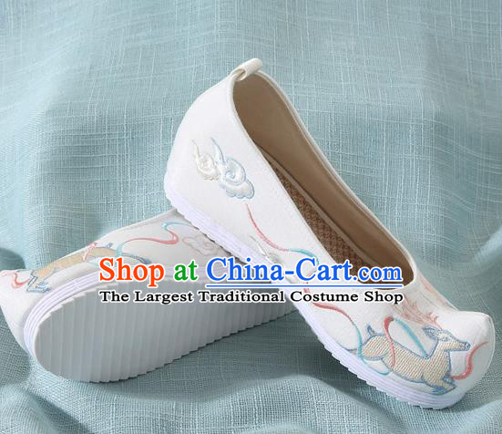 Chinese Handmade Embroidered Deer White Bow Shoes Traditional Ming Dynasty Hanfu Shoes Princess Shoes for Women