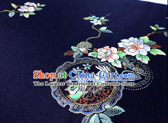 Chinese Traditional Crane Flowers Pattern Design Navy Silk Fabric Asian China Hanfu Silk Material