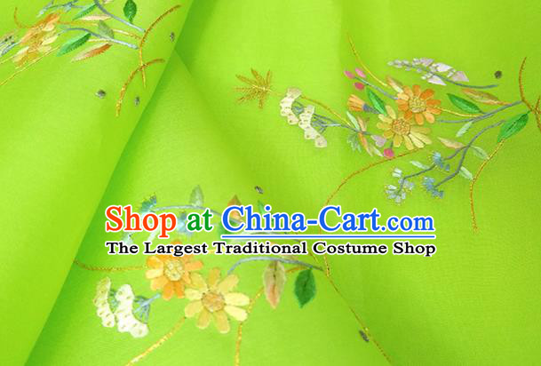 Chinese Traditional Embroidered Flowers Pattern Design Light Green Silk Fabric Asian China Hanfu Silk Material