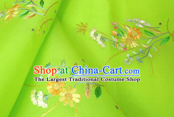 Chinese Traditional Embroidered Flowers Pattern Design Light Green Silk Fabric Asian China Hanfu Silk Material