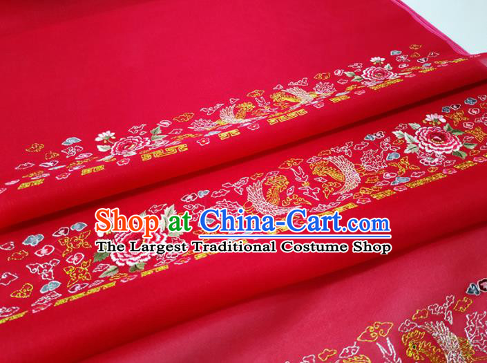 Chinese Traditional Embroidered Phoenix Peony Pattern Design Red Silk Fabric Asian China Hanfu Silk Material