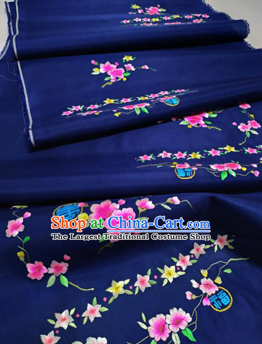 Chinese Traditional Embroidered Peach Flowers Pattern Design Royalblue Silk Fabric Asian China Hanfu Silk Material