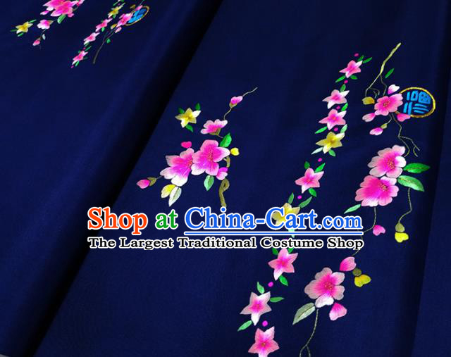 Chinese Traditional Embroidered Peach Flowers Pattern Design Royalblue Silk Fabric Asian China Hanfu Silk Material