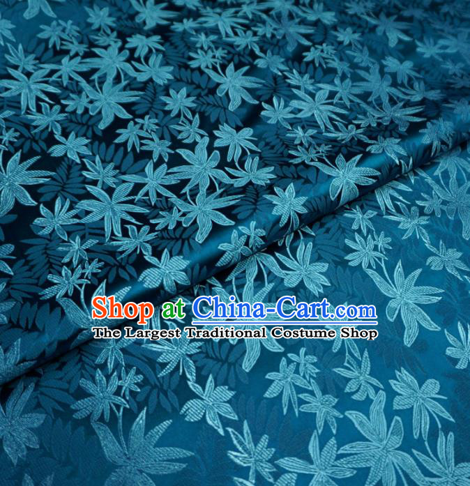 Chinese Traditional Maple Leaf Pattern Design Blue Brocade Fabric Asian Satin China Hanfu Silk Material