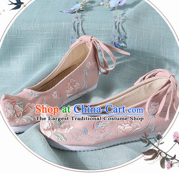 Chinese Handmade Embroidered Peony Butterfly Pink Bow Shoes Traditional Ming Dynasty Hanfu Shoes Princess Shoes for Women