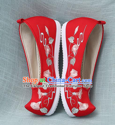 Chinese Handmade Embroidered Petunia Red Bow Shoes Traditional Ming Dynasty Hanfu Shoes Princess Shoes for Women