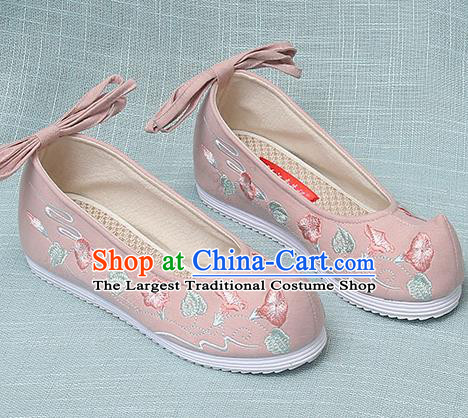 Chinese Handmade Embroidered Petunia Pink Bow Shoes Traditional Ming Dynasty Hanfu Shoes Princess Shoes for Women