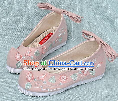 Chinese Handmade Embroidered Petunia Pink Bow Shoes Traditional Ming Dynasty Hanfu Shoes Princess Shoes for Women