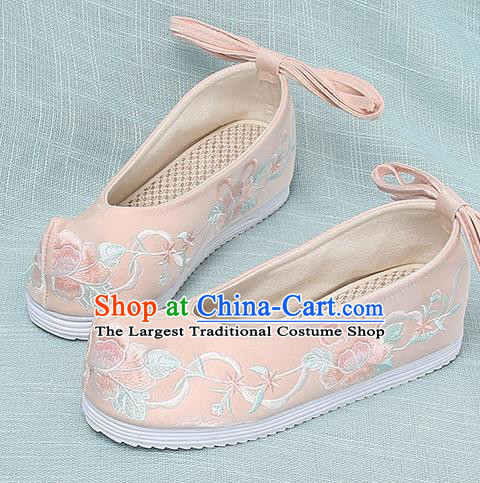 Chinese Handmade Embroidered Peony Pink Bow Shoes Traditional Ming Dynasty Hanfu Shoes Princess Shoes for Women