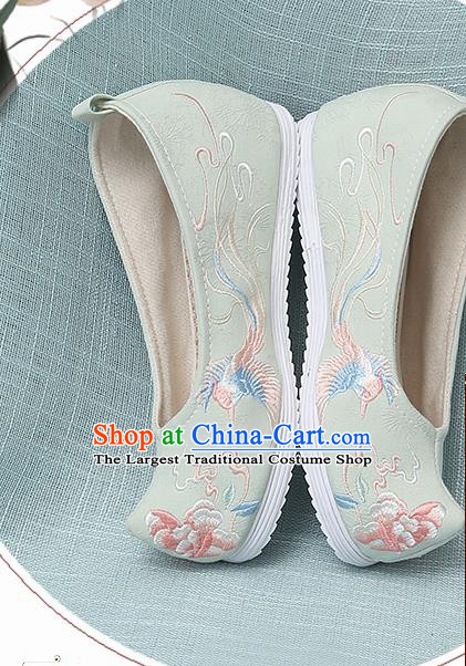 Chinese Handmade Embroidered Bird Peony Light Green Bow Shoes Traditional Ming Dynasty Hanfu Shoes Princess Shoes for Women