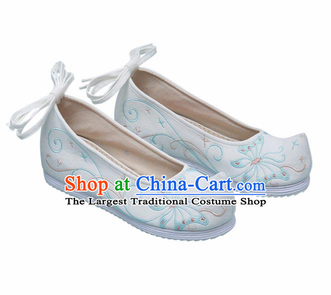 Chinese Handmade Embroidered Butterfly White Bow Shoes Traditional Ming Dynasty Hanfu Shoes Princess Shoes for Women