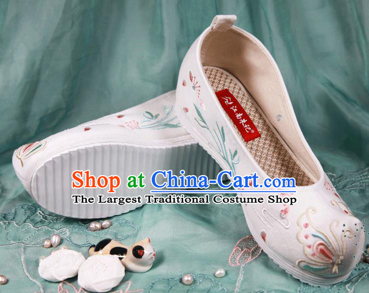 Chinese Handmade Embroidered Dandelion Butterfly White Bow Shoes Traditional Ming Dynasty Hanfu Shoes Princess Shoes for Women