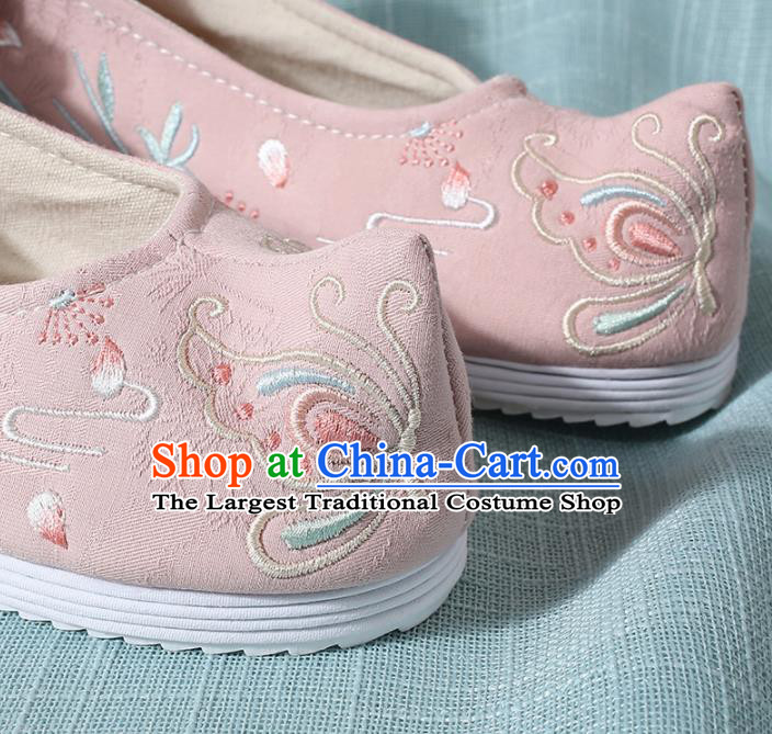 Chinese Handmade Embroidered Dandelion Butterfly Pink Bow Shoes Traditional Ming Dynasty Hanfu Shoes Princess Shoes for Women