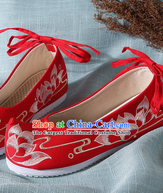 Chinese Handmade Embroidered Lotus Red Cloth Bow Shoes Traditional Ming Dynasty Hanfu Shoes Princess Shoes for Women