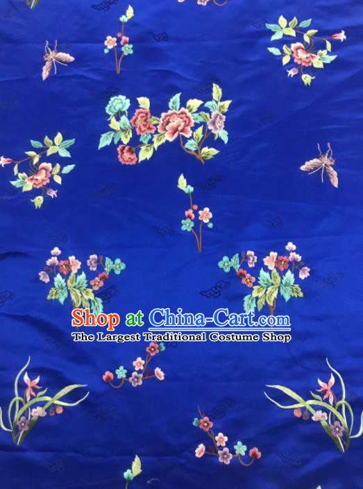 Chinese Traditional Embroidered Orchid Peony Pattern Design Royalblue Silk Fabric Asian China Hanfu Silk Material