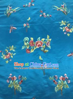 Chinese Traditional Embroidered Orchid Peony Pattern Design Blue Silk Fabric Asian China Hanfu Silk Material