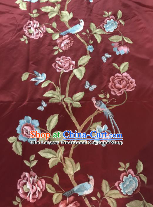 Chinese Traditional Embroidered Peony Bird Pattern Design Purplish Red Silk Fabric Asian China Hanfu Silk Material
