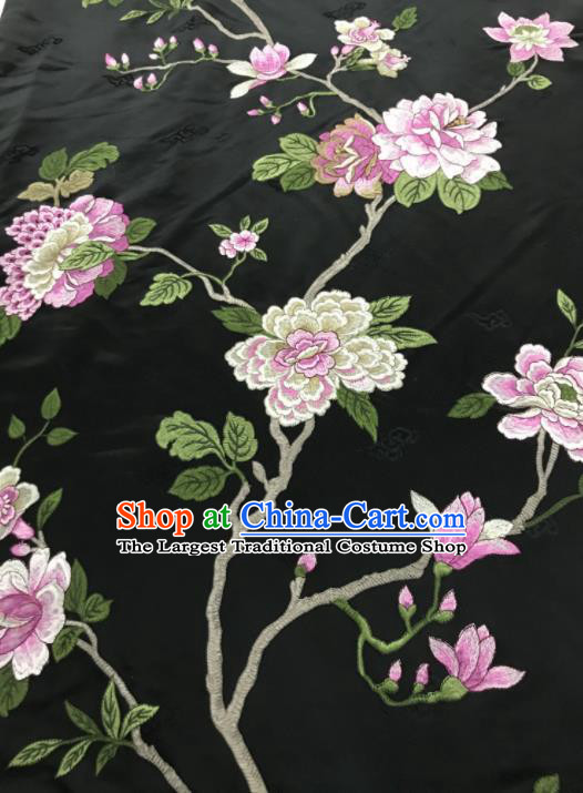 Chinese Traditional Embroidered Yulan Magnolia Pattern Design Black Silk Fabric Asian China Hanfu Silk Material