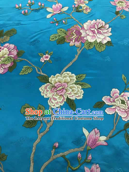 Chinese Traditional Embroidered Yulan Magnolia Pattern Design Blue Silk Fabric Asian China Hanfu Silk Material