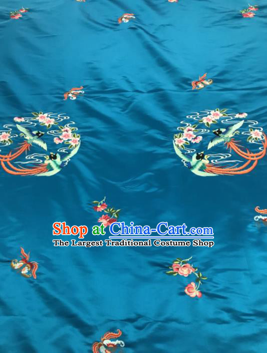 Chinese Traditional Embroidered Peach Flowers Birds Pattern Design Blue Silk Fabric Asian China Hanfu Silk Material