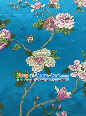 Chinese Traditional Embroidered Peony Pattern Design Blue Silk Fabric Asian China Hanfu Silk Material