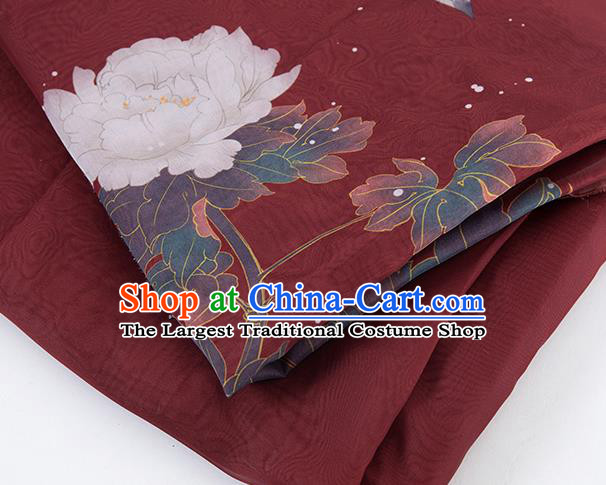 Chinese Traditional Printing Peony Pattern Design Red Chiffon Fabric Asian China Hanfu Material
