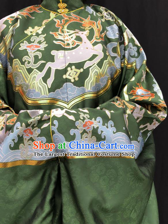 Chinese Traditional Deers Pattern Design Green Brocade Fabric Asian China Hanfu Satin Material
