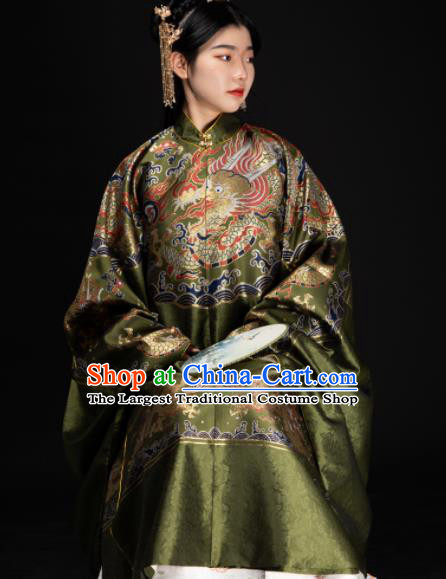 Chinese Traditional Dragon Pattern Design Green Brocade Fabric Asian China Hanfu Satin Material