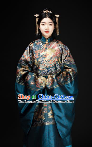 Chinese Traditional Dragon Pattern Design Blue Brocade Fabric Asian China Hanfu Satin Material