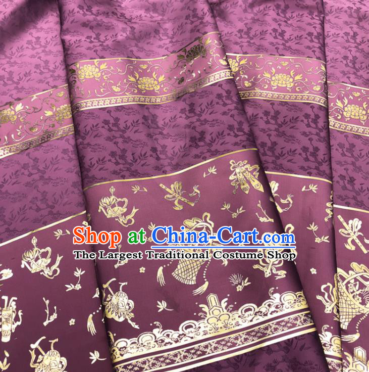 Chinese Traditional Eight Immortals Pattern Design Purple Brocade Fabric Asian China Satin Hanfu Material