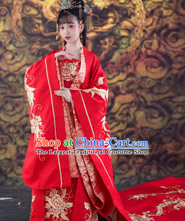 Chinese Traditional Wedding Red Dress Ancient Tang Dynasty Court Princess Costumes and Headpiece for Women