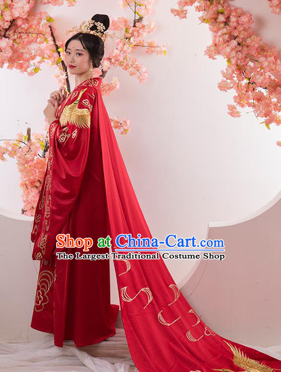 Chinese Traditional Tang Dynasty Wedding Embroidered Red Dress Ancient Princess Costumes for Women