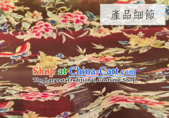 Chinese Traditional Peony Pattern Design Purplish Red Silk Fabric Asian China Hanfu Gambiered Guangdong Mulberry Silk Material